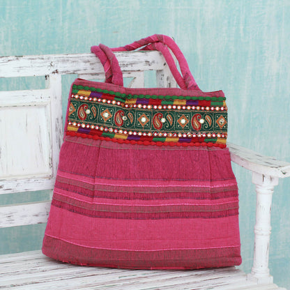 Majestic Pink Pink Cotton Shoulder Bag with Multicolor Embroidery