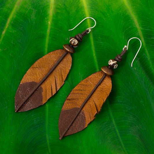 Brown Feather Feather-Shaped Earrings Crafted from Leather, Bone and Wood