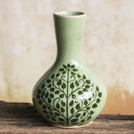 Thai Bodhi Fair Trade Thai Celadon Vase with Bodhi Tree Motif