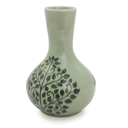 Thai Bodhi Fair Trade Thai Celadon Vase with Bodhi Tree Motif