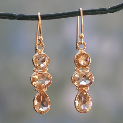 Golden Dazzle 22k Gold Plated Dangle Earrings with Citrine Gems