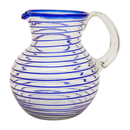 Blue Spiral Mexican Handblown Recycled Glass Blue Stripe Pitcher
