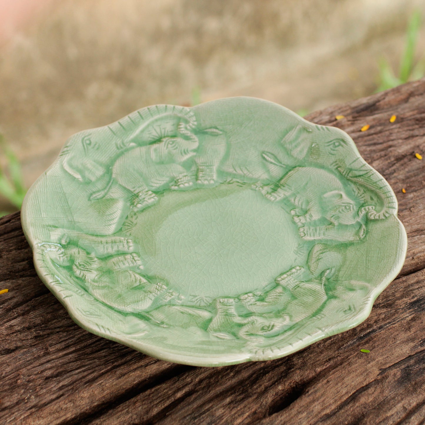 Elephant Family Artisan Crafted Elephant Theme Thai Celadon Ceramic Plate