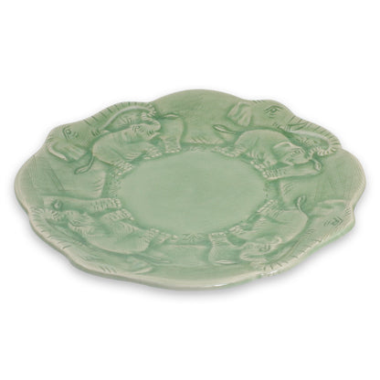 Elephant Family Artisan Crafted Elephant Theme Thai Celadon Ceramic Plate