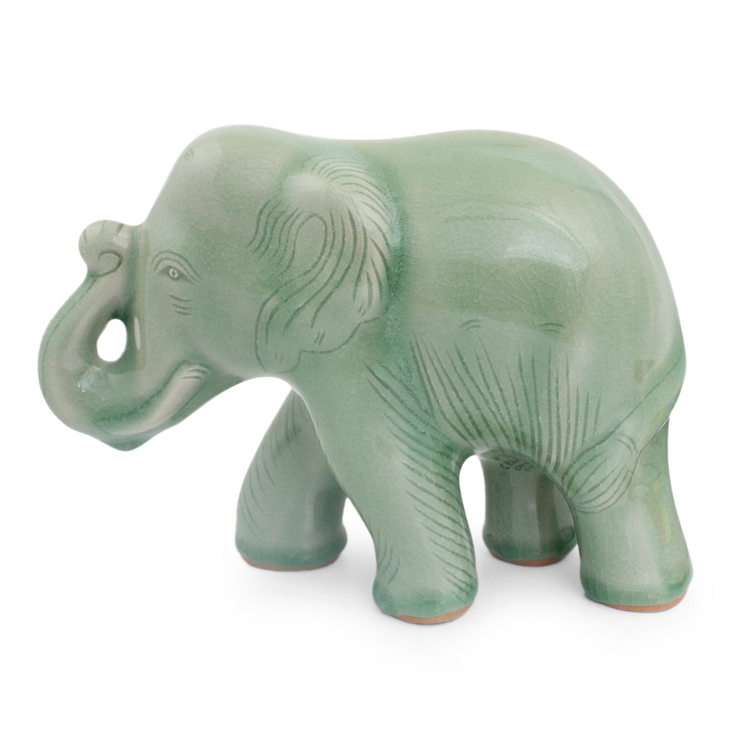 Smiling Elephant Celadon Ceramic Happy Elephant Figurine by Thai Artisans