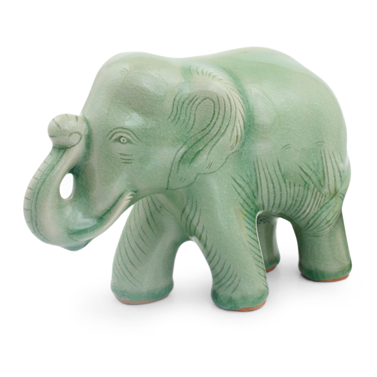 Smiling Elephant Celadon Ceramic Happy Elephant Figurine by Thai Artisans