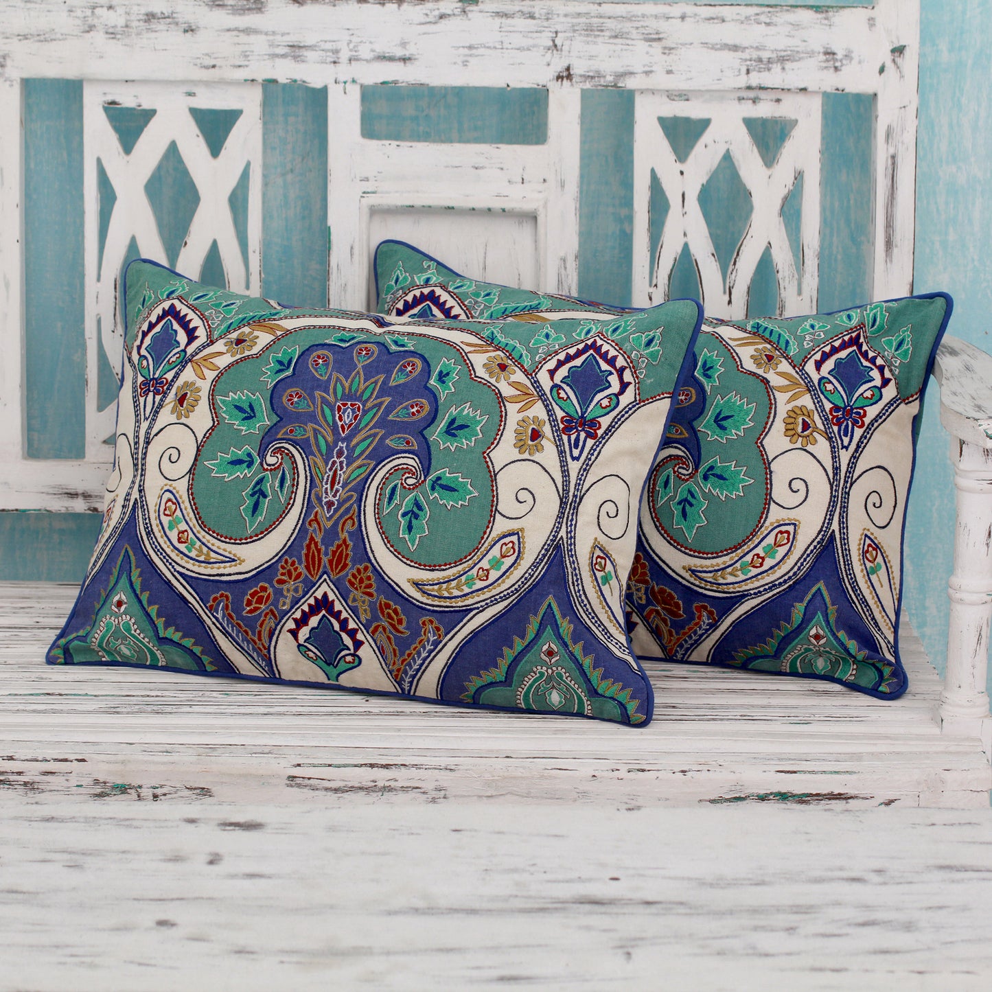 Autumn in Delhi Multicolored Embroidered Cushion Covers from India (pair)