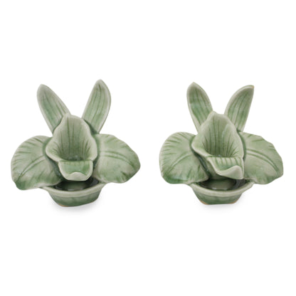 Thai Jade Orchids Green Celadon Ceramic Orchid Shaped Candle Holders (Pair)