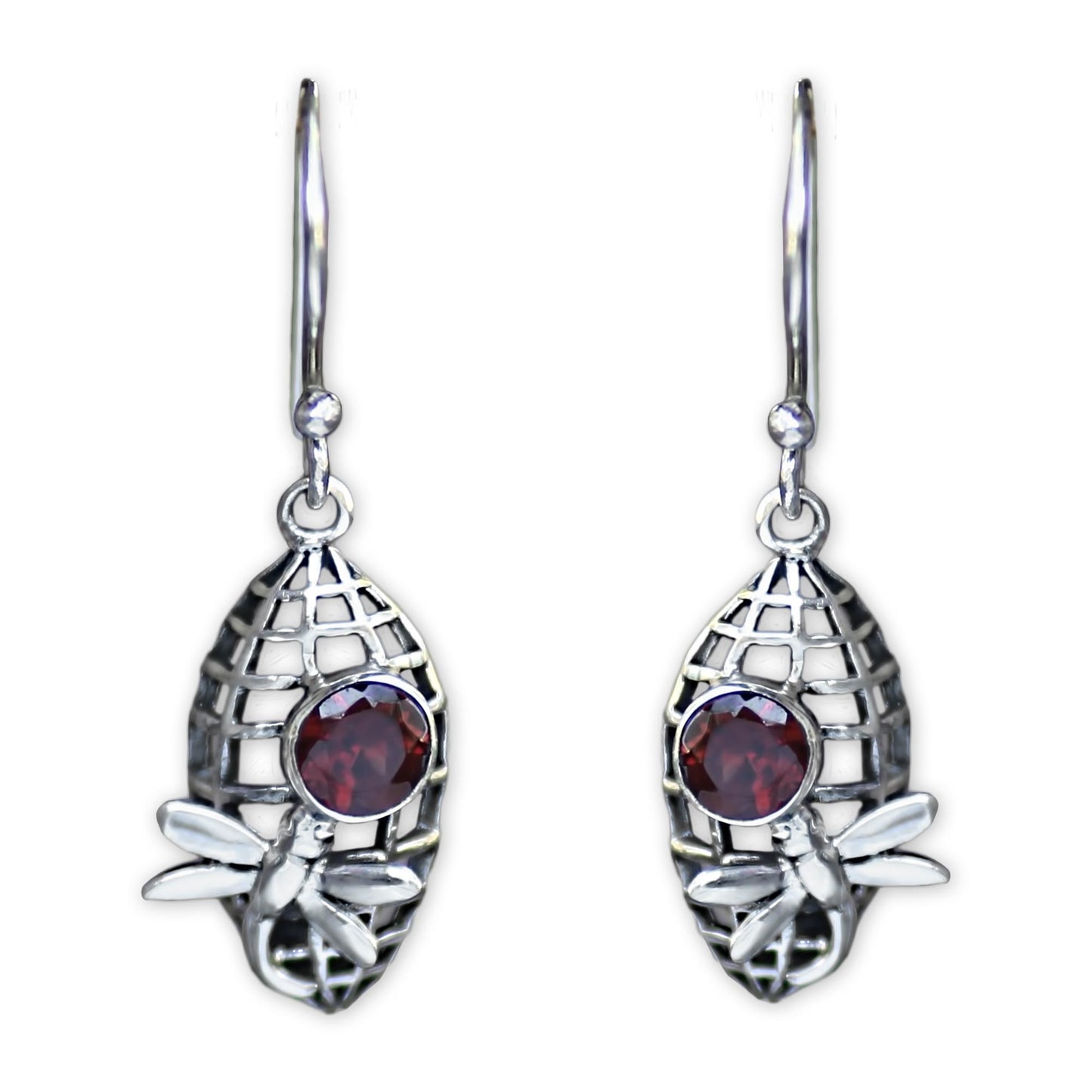 Kintamani Dragonfly in Crimson Silver Dragonfly Earrings with 1 Carat Garnet Accents