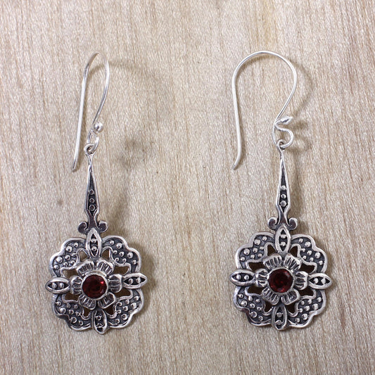 Red Rafflesia Fair Trade Garnet Dangle Earrings with Floral Motif