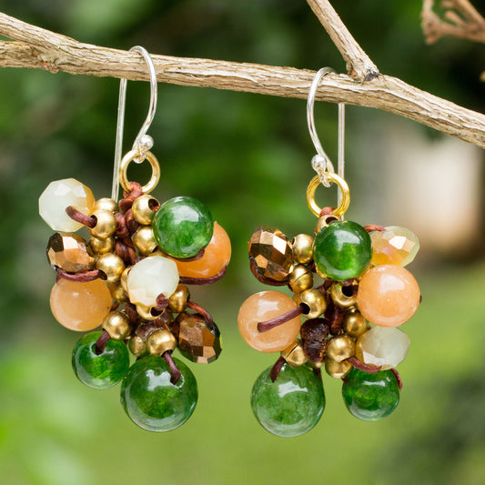 Tropical Cattlelaya Artisan Hand Knotted Green Yellow Beaded Cluster Earrings