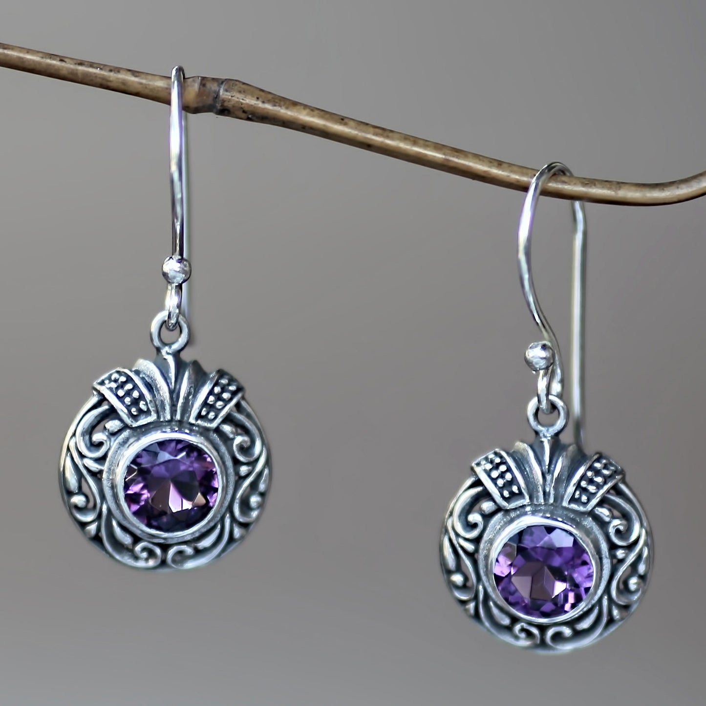 Lilac Ladybug Round Silver and Amethyst Dangle Style Earrings