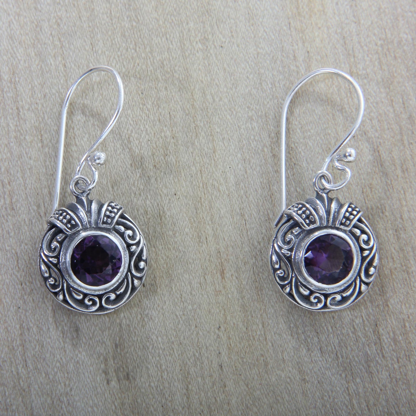 Lilac Ladybug Round Silver and Amethyst Dangle Style Earrings