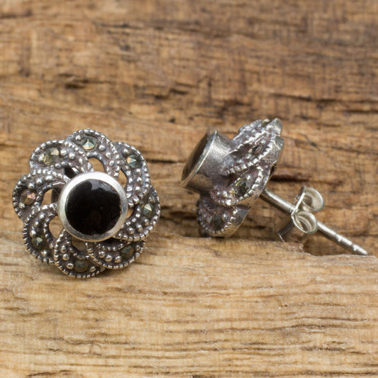 Midnight Blooms Sterling Silver Vintage Earrings with Onyx and Marcasite