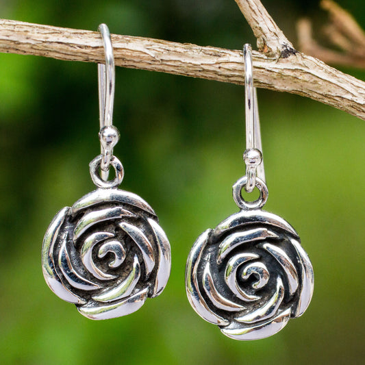 Spiral Rose Roses in Handcrafted Sterling Silver Hook Earrings