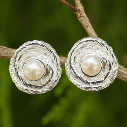 Coils Artisan Crafted Cultured Pearl Thai Silver Button Earrings