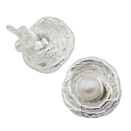 Coils Artisan Crafted Cultured Pearl Thai Silver Button Earrings