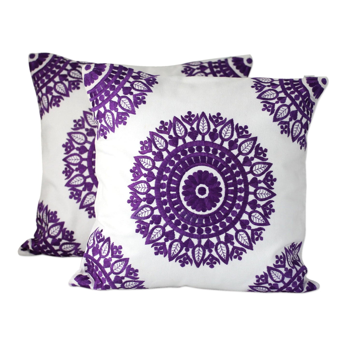 Amethyst Mandalas Embroidered Purple on White Cushion Covers from India (Pair)