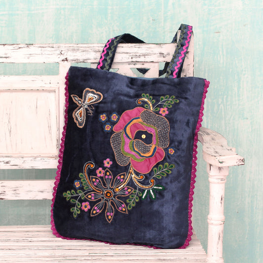 Butterfly Garden Velvet Applique Shoulder Bag with Embroidery and Sequins