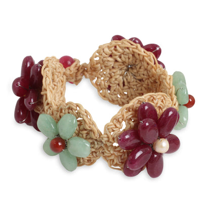 Floral Garland in Berry Deep Pink and Green Quartz Crocheted Flower Bracelet