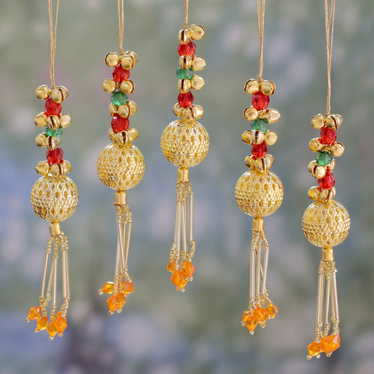Jingle Bells Set of 5 Handcrafted Beaded Brass Bell Christmas Ornaments