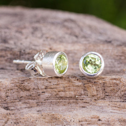 Light Peridot on Brushed Sterling Silver Stud Earrings