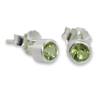 Light Peridot on Brushed Sterling Silver Stud Earrings