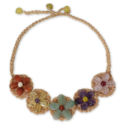 Blossoming Rhyme Multi Gemstone Flowers on Beige Hand Crocheted Necklace