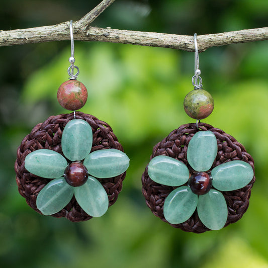 Pastel Daisy Crocheted Green Quartz Flower Earrings from Thailand