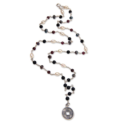 Ebony and Crimson Pis Bolong Sterling Silver, Onyx, Garnet and Pearl Y-Style Necklace