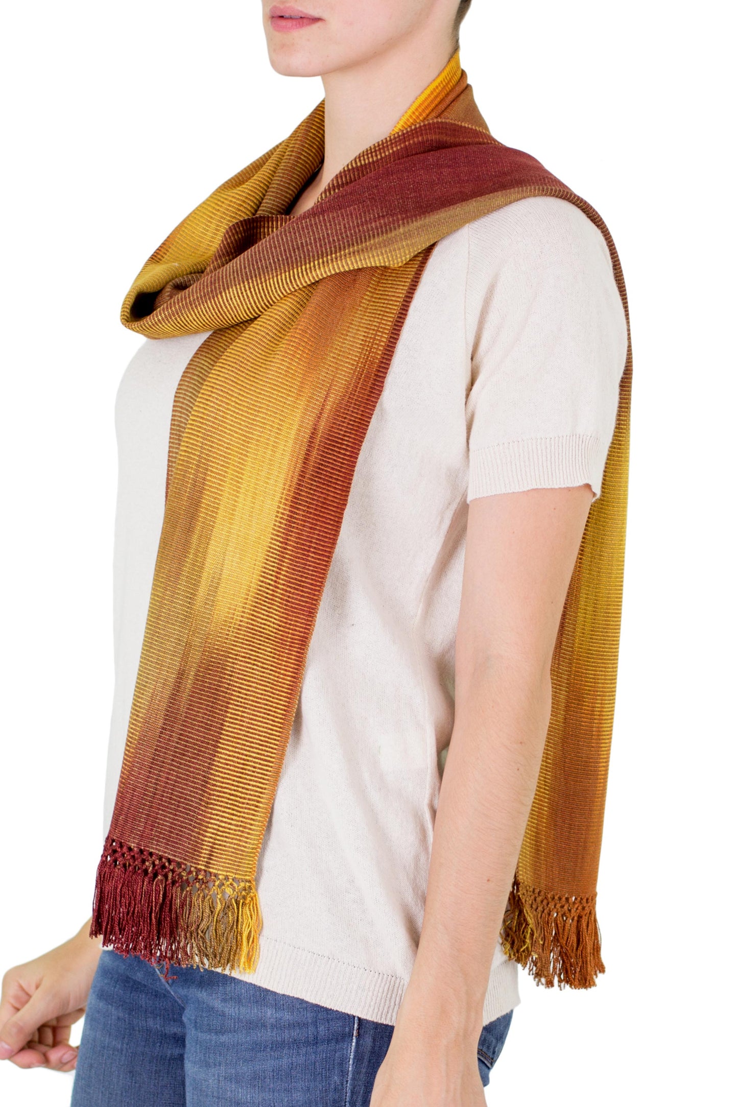 Iridescent Ocher Ocher and Copper Hand Woven Rayon Scarf