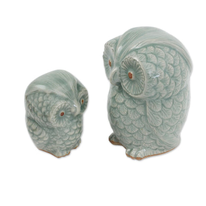 Little Light Blue Owls Hand Made Celadon Ceramic Owl Figurines from Thailand (Pair)