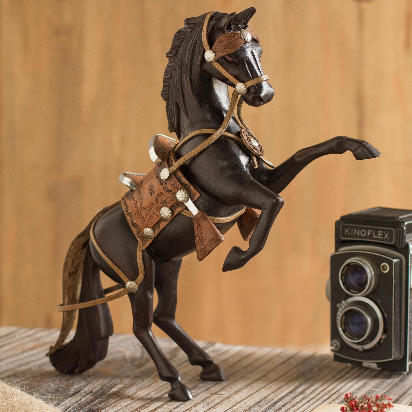 Proud Horse Cedar and Leather Horse Sculpture Carved by Hand