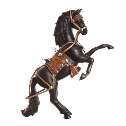 Proud Horse Cedar and Leather Horse Sculpture Carved by Hand