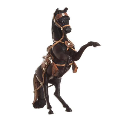 Proud Horse Cedar and Leather Horse Sculpture Carved by Hand