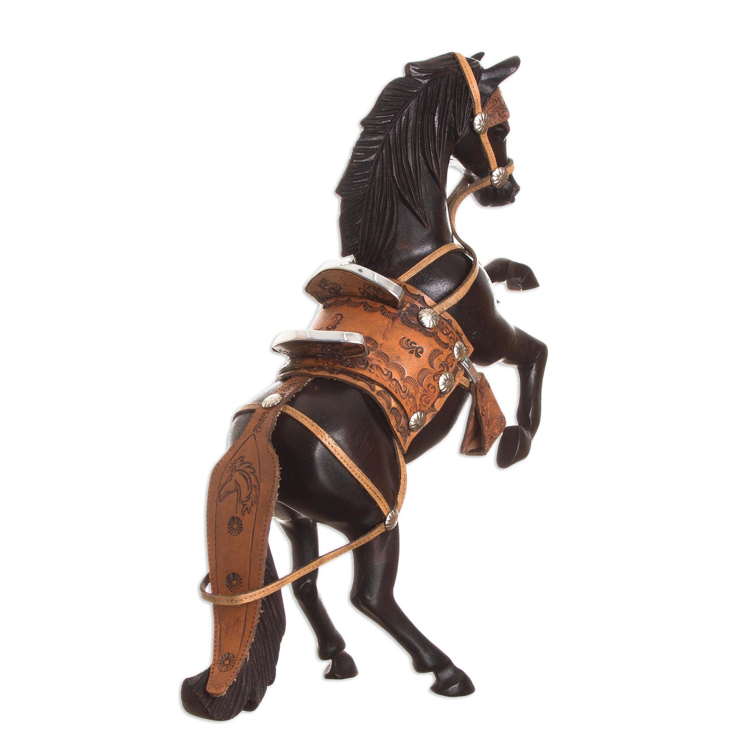 Proud Horse Cedar and Leather Horse Sculpture Carved by Hand