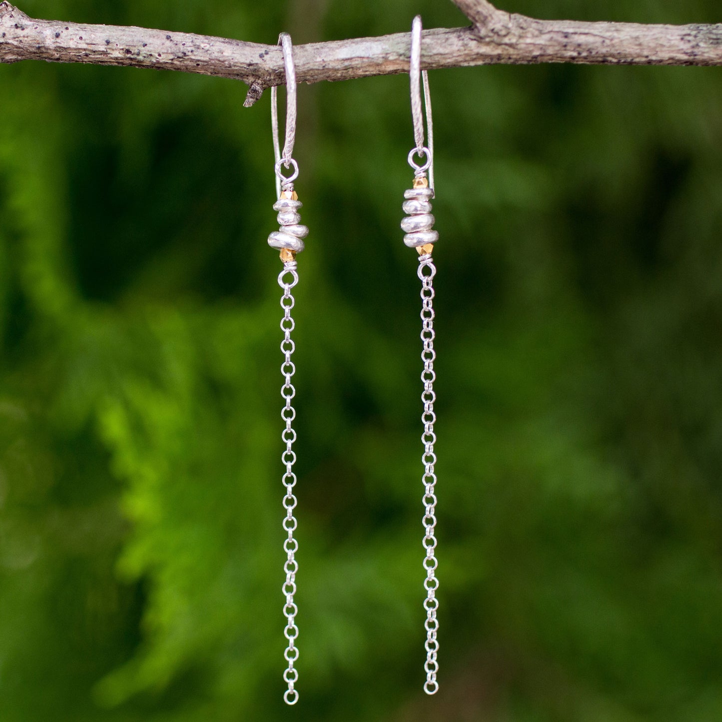 Rain Chain Long Chain Dangle Earrings in Sterling with Gold Accents