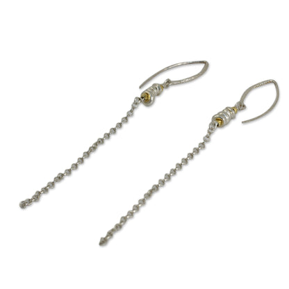 Rain Chain Long Chain Dangle Earrings in Sterling with Gold Accents