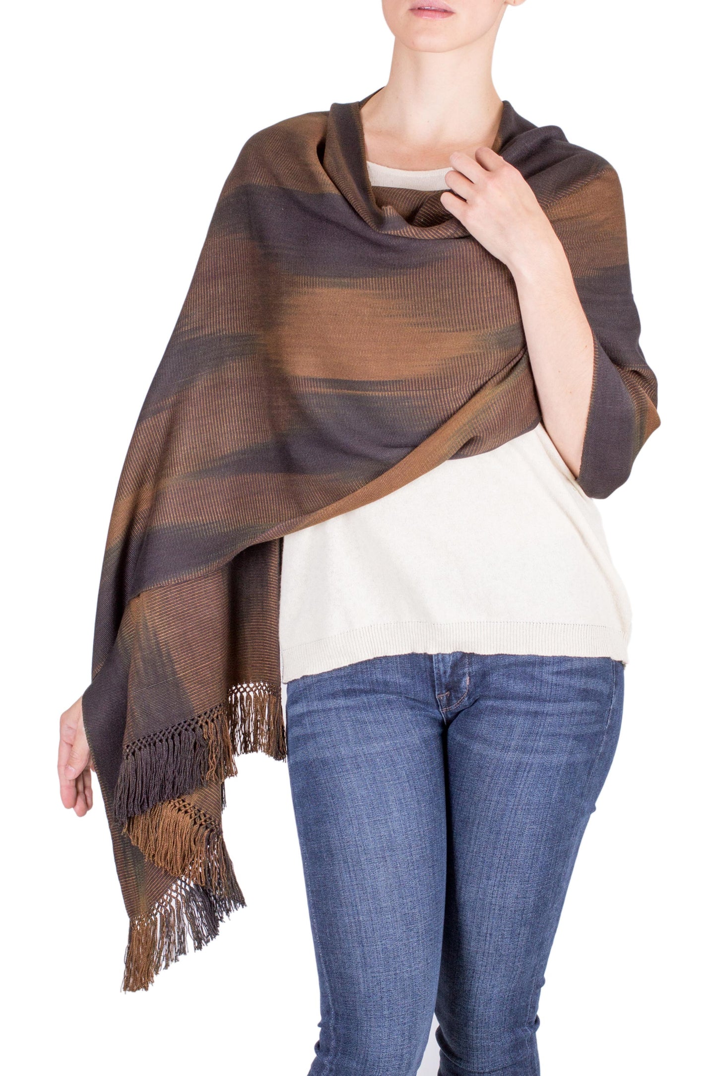Coffee Rayon Chenille Shawl Hand Woven in Earth Tones