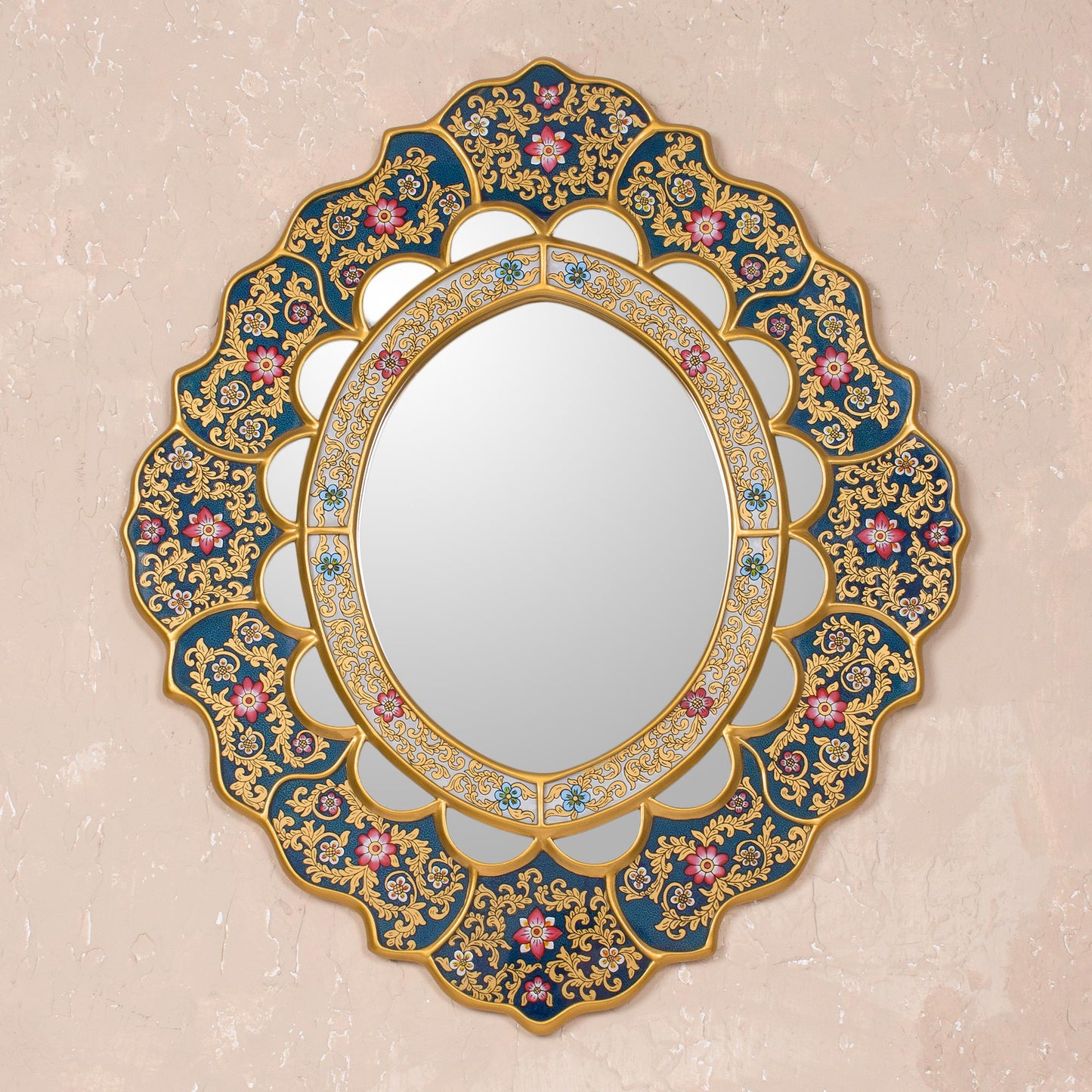 Golden Garden Unique Floral Wood Reverse Painted Art Glass Wall Mirror