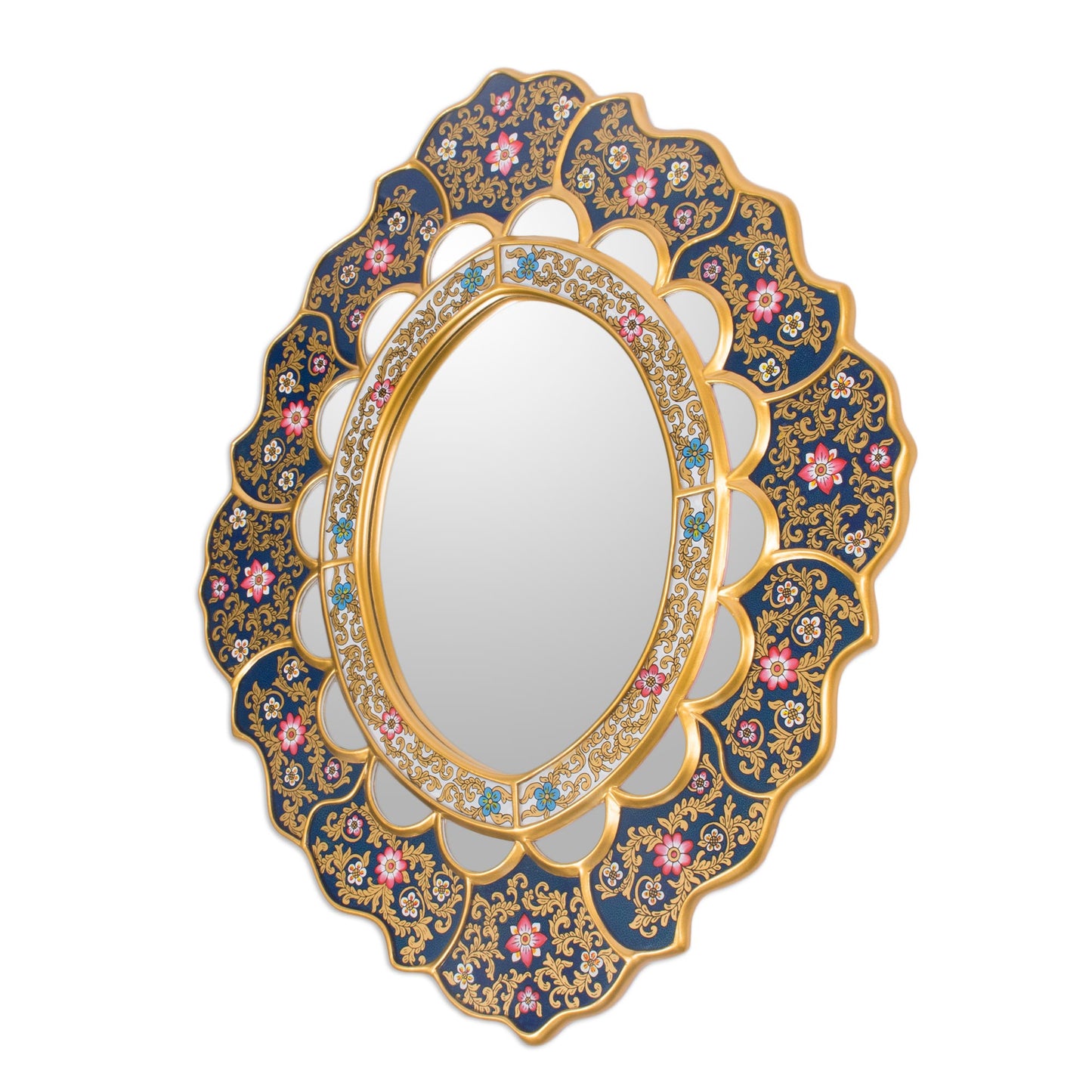 Golden Garden Unique Floral Wood Reverse Painted Art Glass Wall Mirror