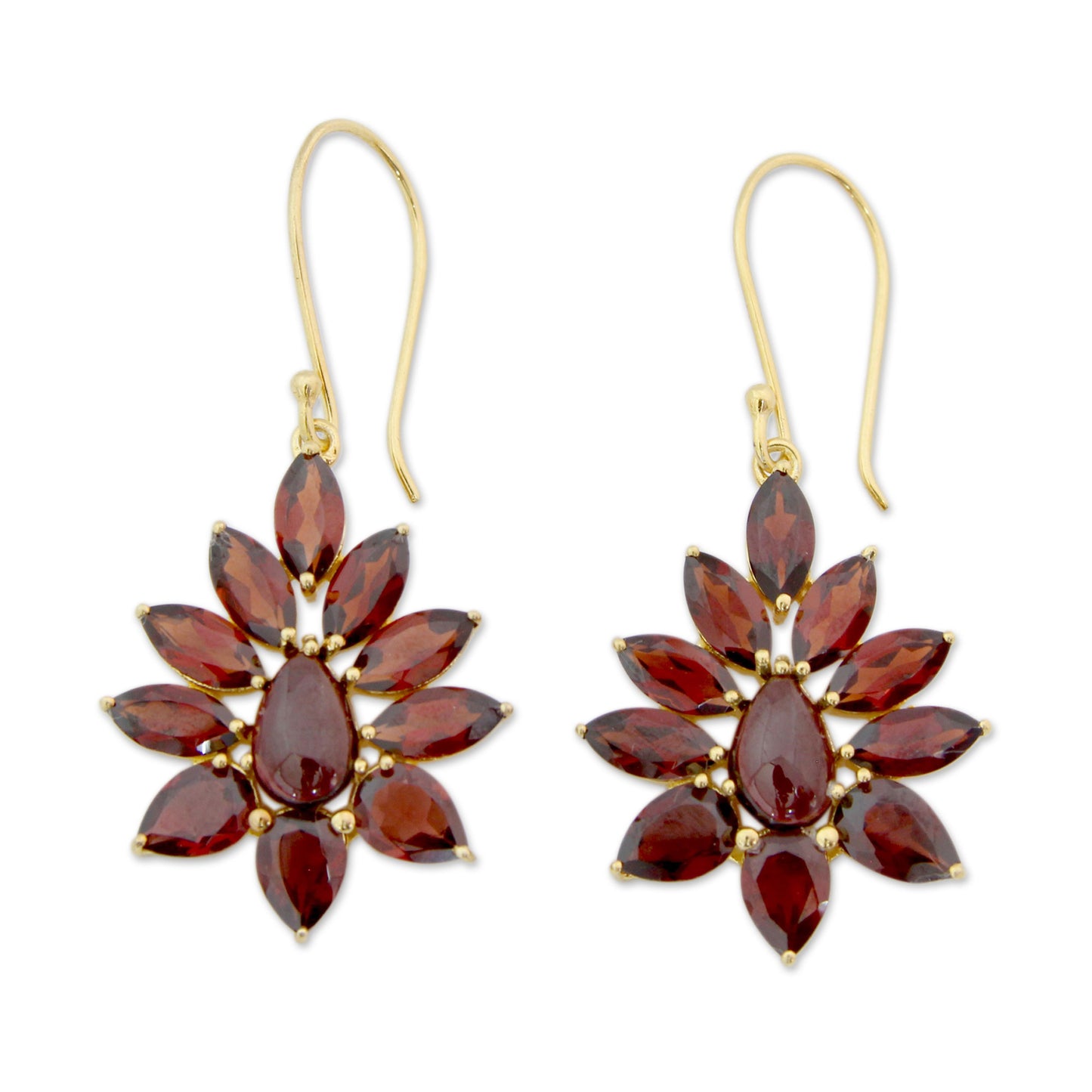 Claret Sunburst Hand Crafted 18k Gold Plated Earrings with Garnets