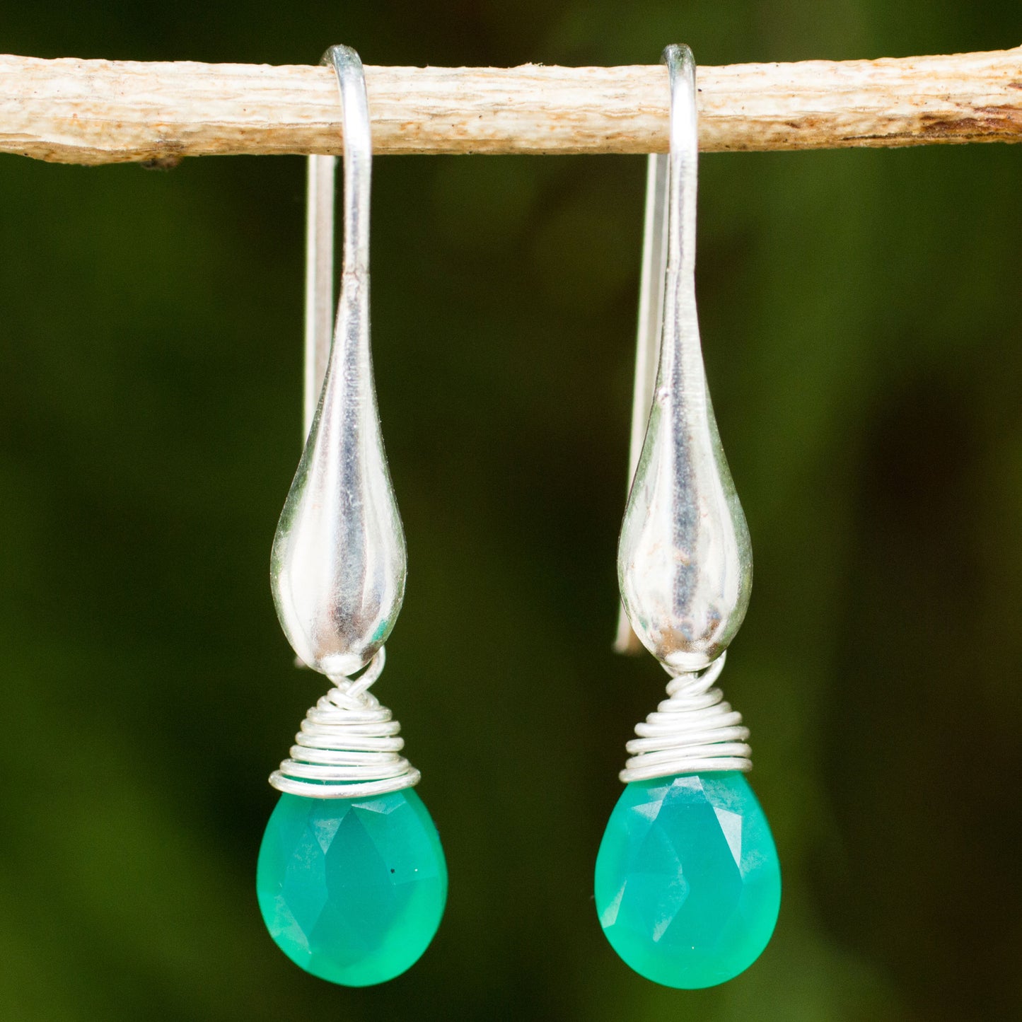 Sophisticated Green Sterling Silver Dangle Earrings with Enhanced Green Onyx