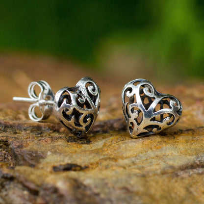 NOVICA - Sterling Silver Filigree Heart Stud Earrings