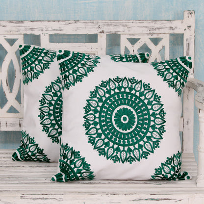 Emerald Delight Green and White Embroidered Cotton Cushion Covers (Pair)