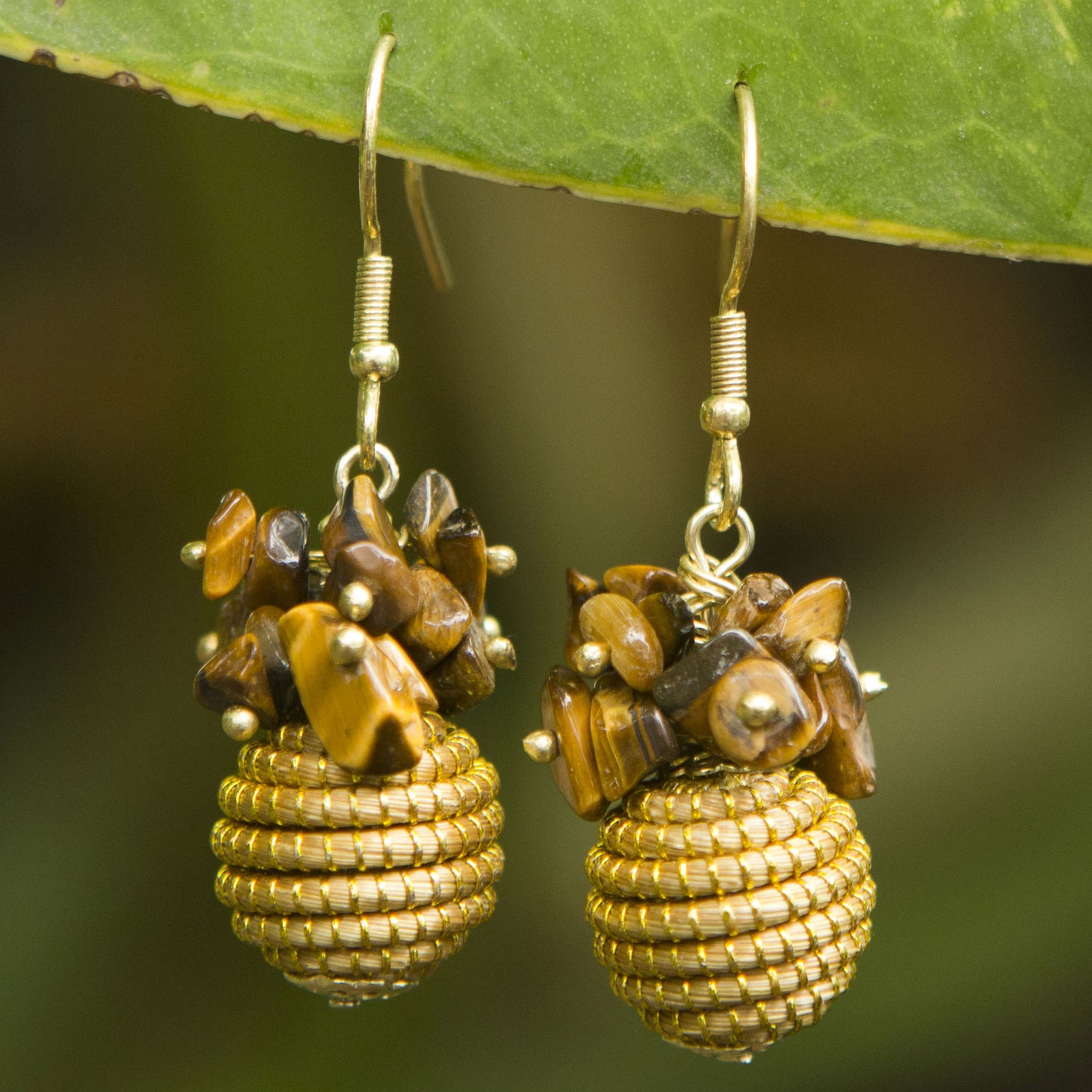 Warmth Hand Crafted Brazilian Golden Grass and Tiger's Eye Earrings