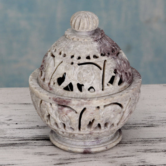 Elephant Parade Indian Elephant Theme Hand Carved Soapstone Decorative Jar