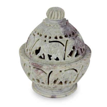 Elephant Parade Indian Elephant Theme Hand Carved Soapstone Decorative Jar