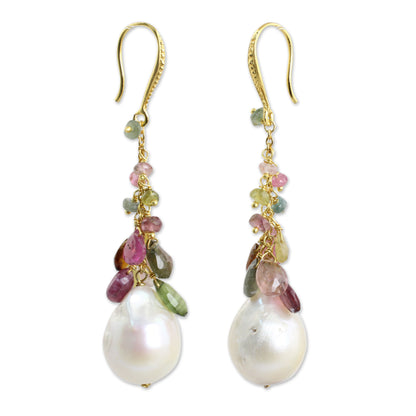 Precious Rainbow Tourmaline Pearl Gold Plated Silver Earrings