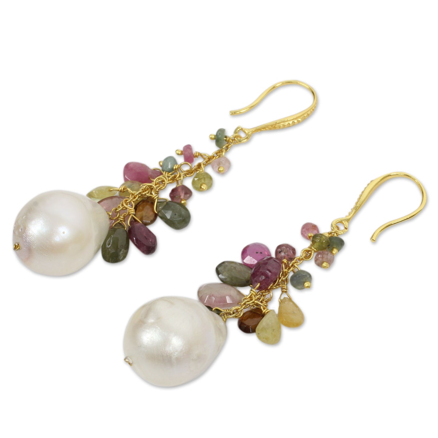 Precious Rainbow Tourmaline Pearl Gold Plated Silver Earrings